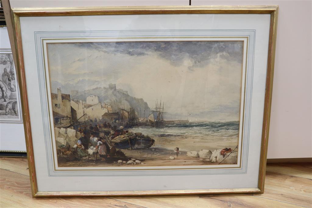 19th century English School, watercolour, Fisherfolk at Dover with the castle beyond, 37 x 55cm